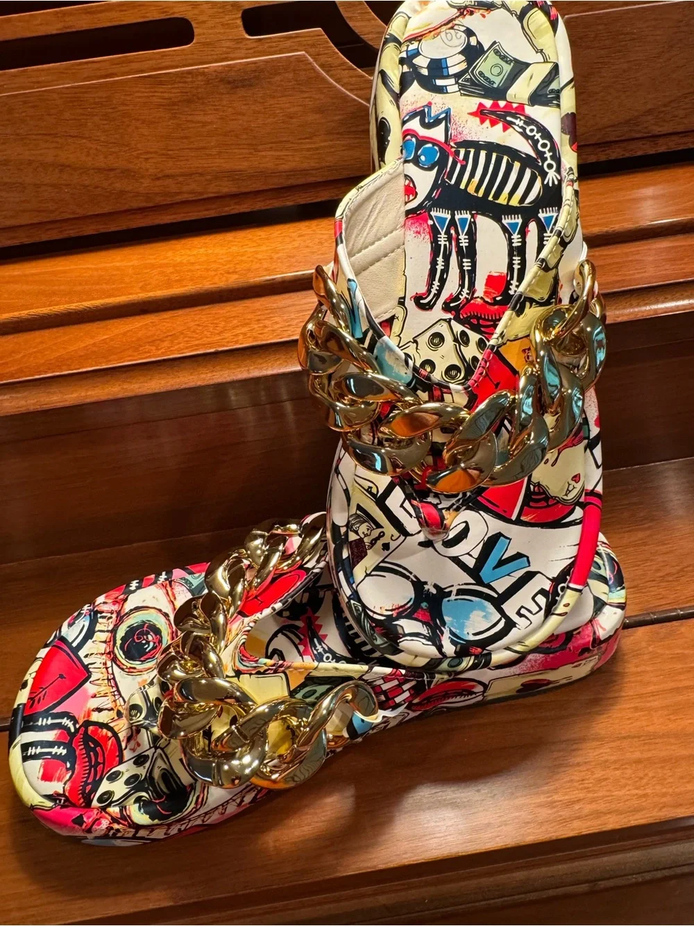 Gold-Chain Graphic Print Slide Sandals - Multicolor